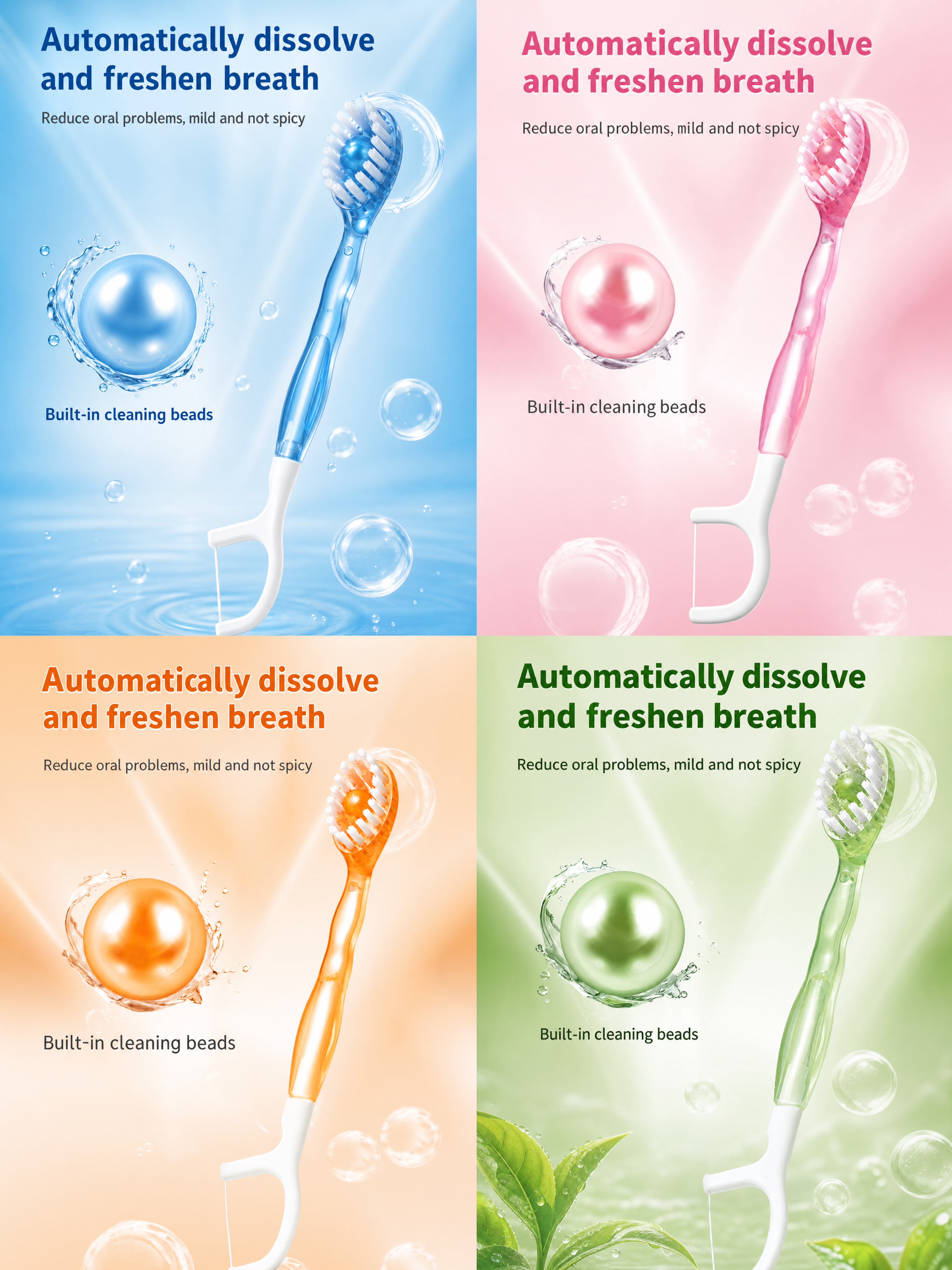 4-in-1 Pop Bead Travel Toothbrush | Floss, Toothpick & Breath Freshener | 2pcs Mixed Flavors